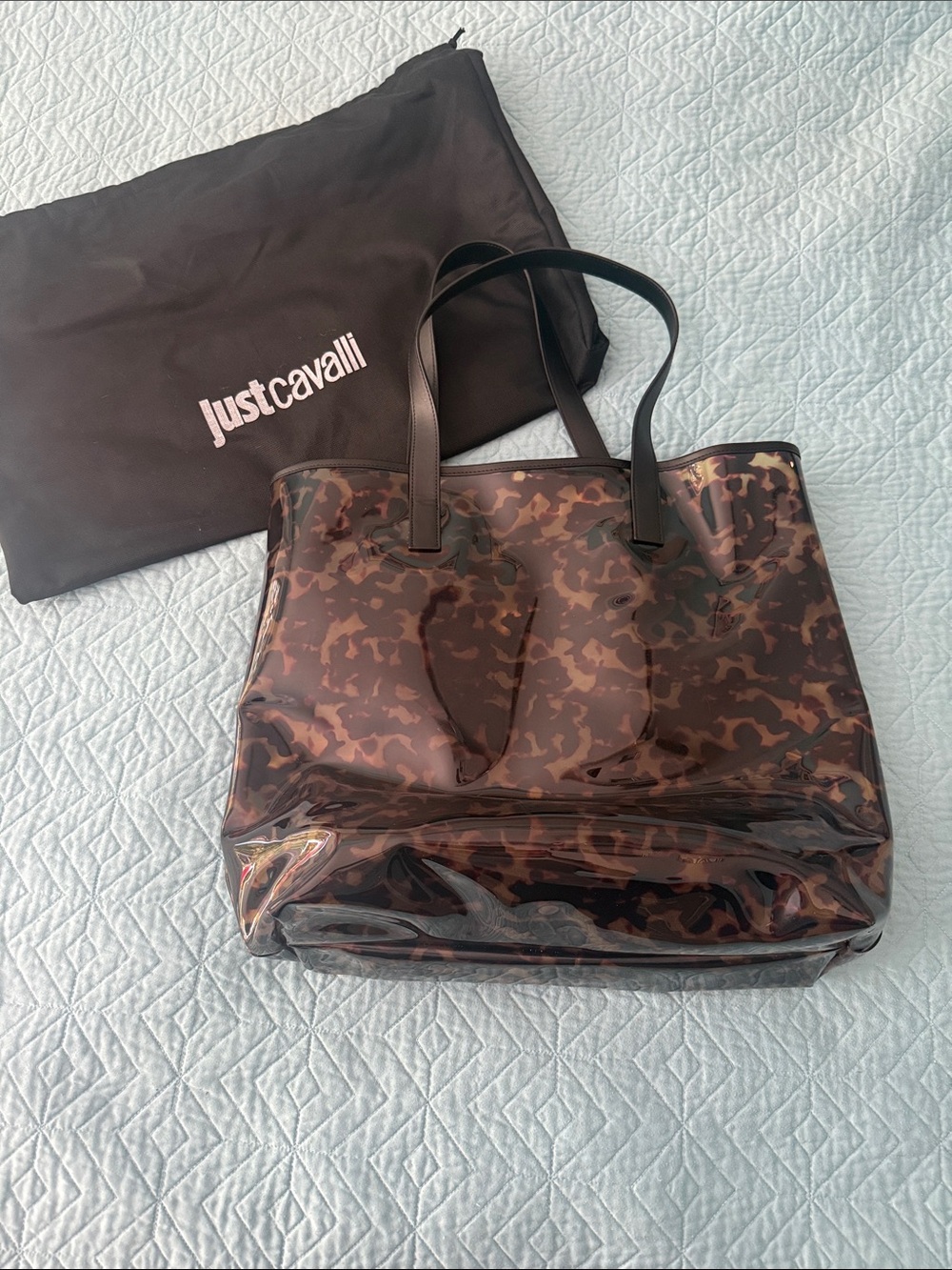 Just Cavalli Brown Turtleshell Clear Plastic Tote with Black Handles orig $350